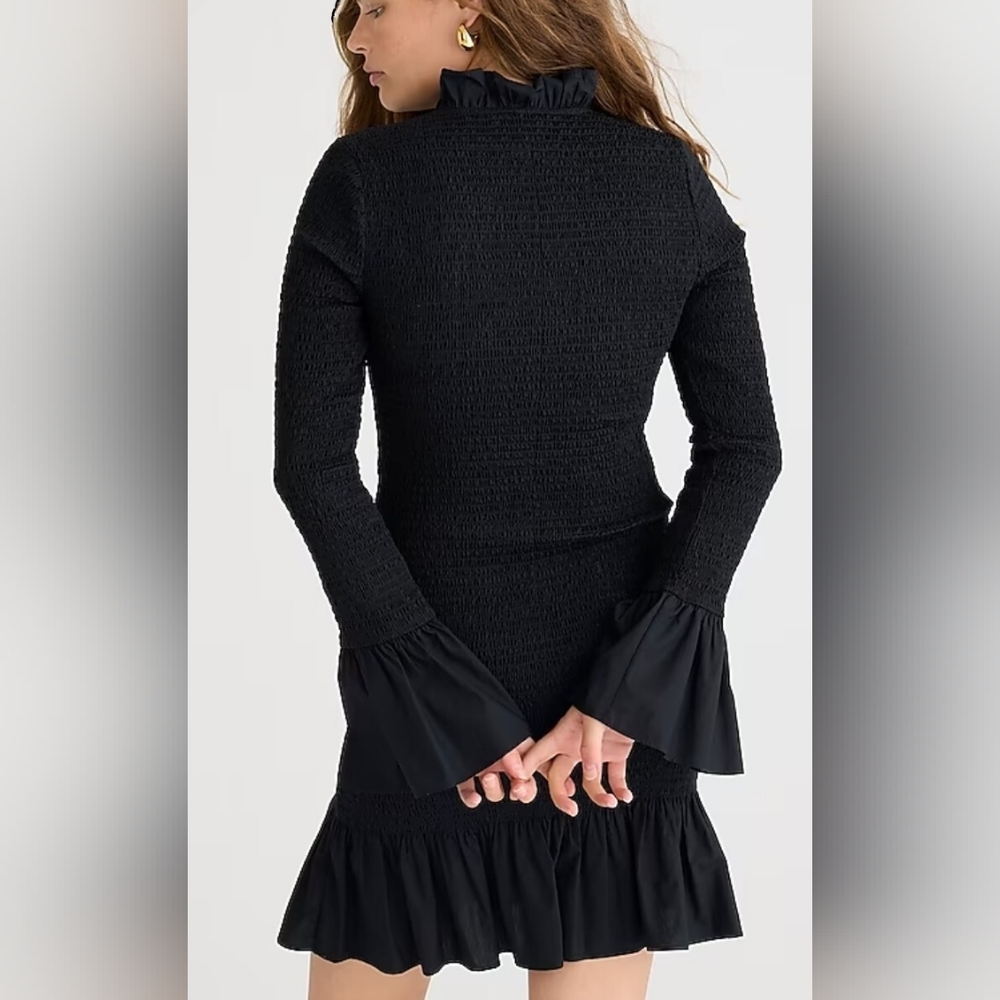 Nwt J. Crew Smocked Black Long Sleeve Ruffle Mini Dress